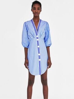 zara blue striped embroidered dress ZARA blue embroidered poplin mini dress striped Ref. 7521/109 S 8 UK 36 EU 4 US